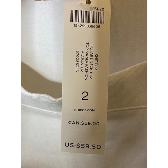 New Chico's Alabaster Square neck knit top 3/4th sleeve‎ Sz 2 - Picture 3 of 9